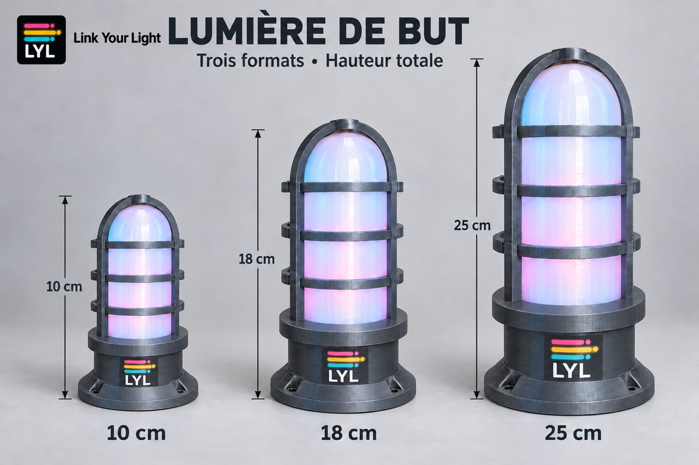Les trois formats de la lumière de but : 10, 18 et 25 cm